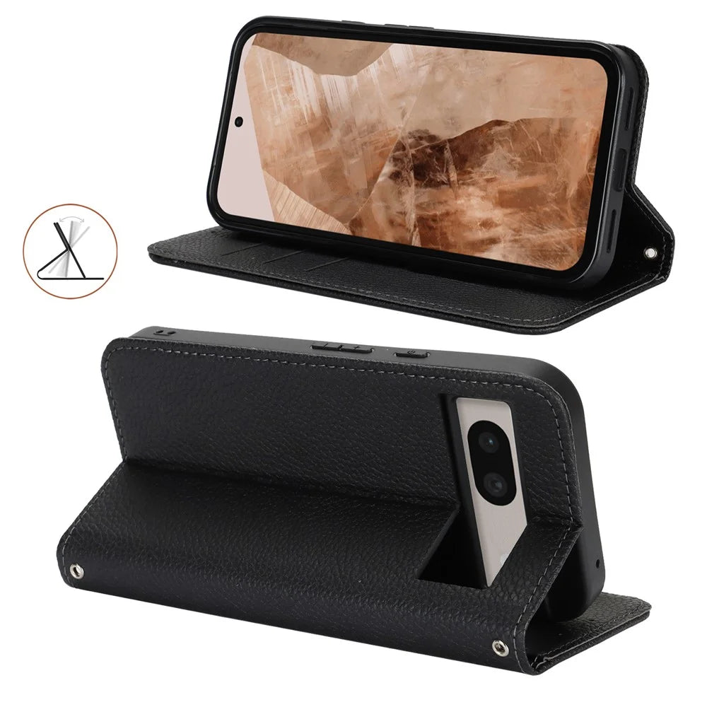 For Google Pixel 8a Case Stand Wallet Litchi Texture Leather Flip Phone Cover with Strap - Black - 3
