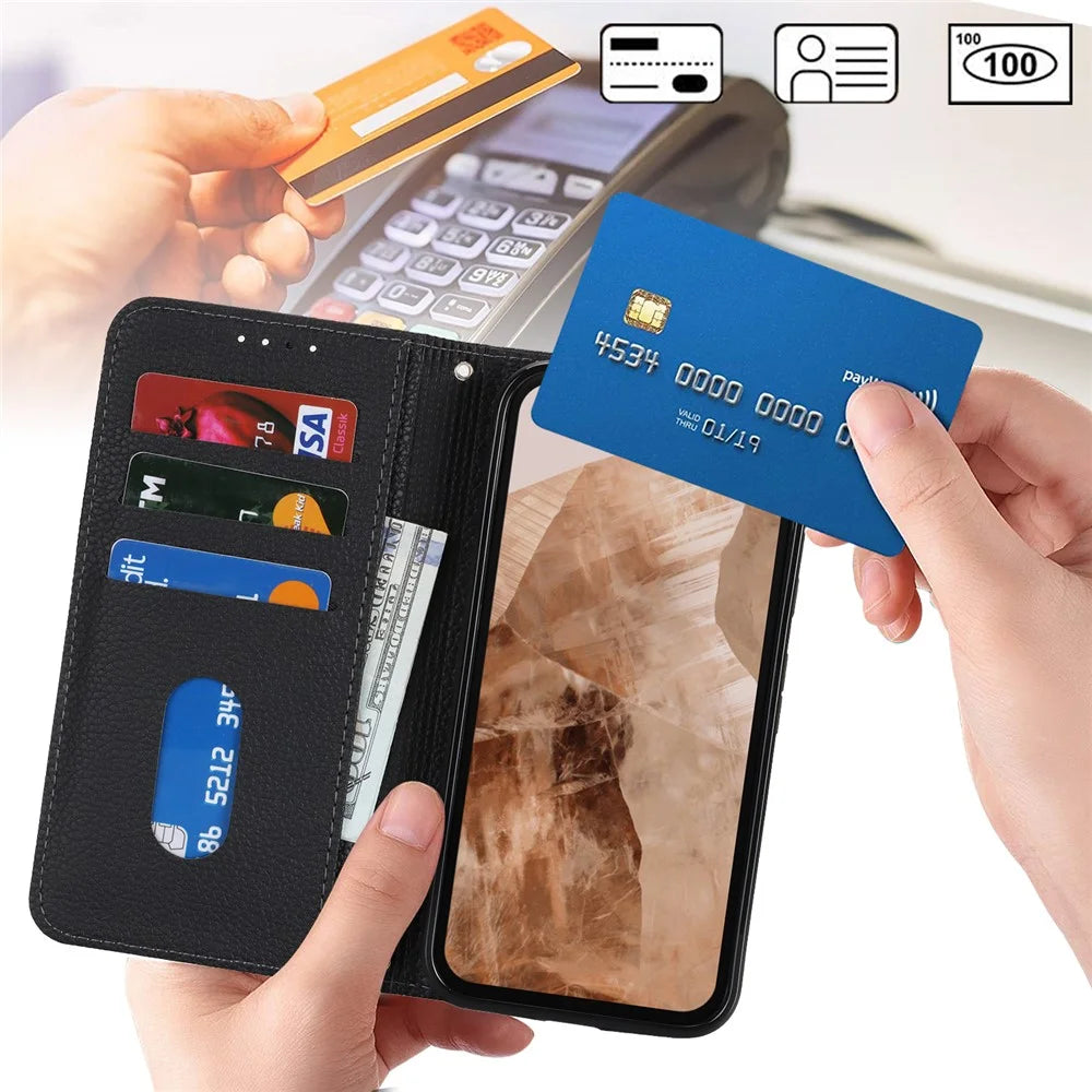 For Google Pixel 8a Case Stand Wallet Litchi Texture Leather Flip Phone Cover with Strap - Black - 4