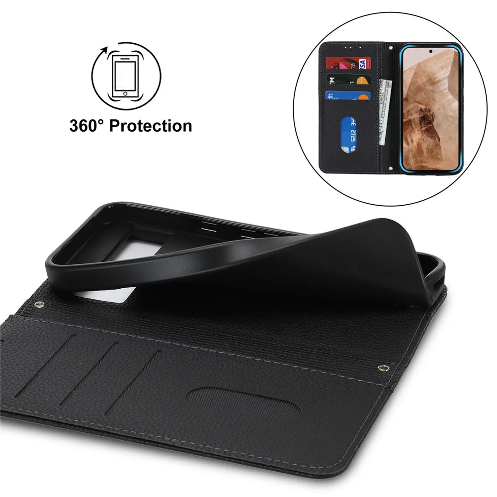 For Google Pixel 8a Case Stand Wallet Litchi Texture Leather Flip Phone Cover with Strap - Black - 6