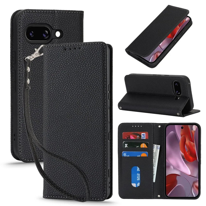 For Google Pixel 9a Case Stand Wallet Litchi Texture Leather Flip Phone Cover with Strap - Black - 1