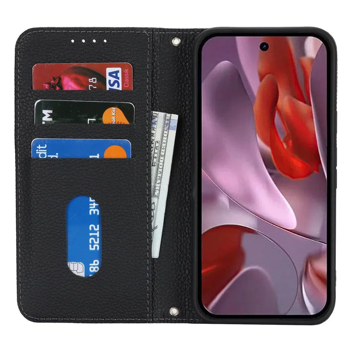 For Google Pixel 9a Case Stand Wallet Litchi Texture Leather Flip Phone Cover with Strap - Black - 2