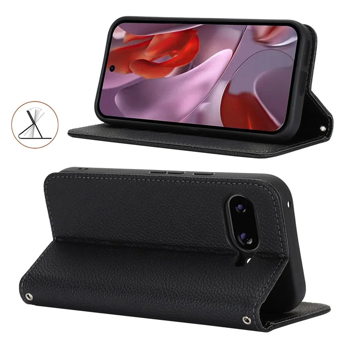 For Google Pixel 9a Case Stand Wallet Litchi Texture Leather Flip Phone Cover with Strap - Black - 3