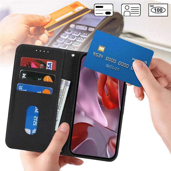 For Google Pixel 9a Case Stand Wallet Litchi Texture Leather Flip Phone Cover with Strap - Black - 4
