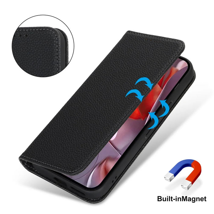 For Google Pixel 9a Case Stand Wallet Litchi Texture Leather Flip Phone Cover with Strap - Black - 5