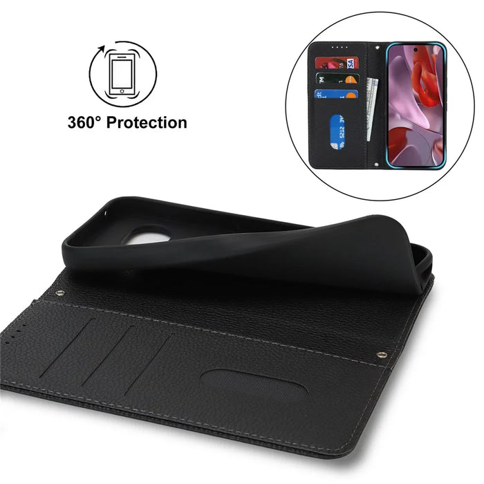 For Google Pixel 9a Case Stand Wallet Litchi Texture Leather Flip Phone Cover with Strap - Black - 6