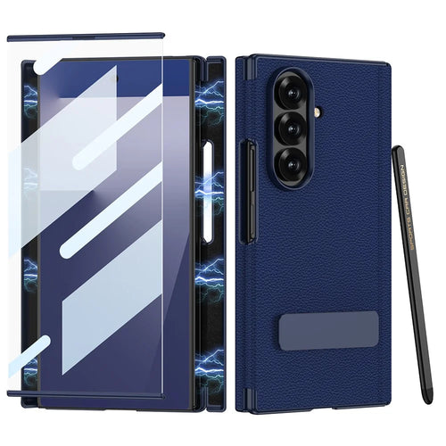 GKK For Samsung Galaxy Z TriFold 5G Case Kickstand Magnetic Hinge Leather + PC Phone Cover with Tempered Glass Film / Stylus - Dark Blue - 1