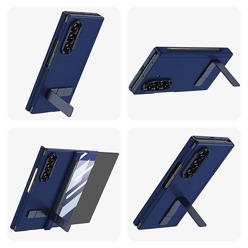 GKK For Samsung Galaxy Z TriFold 5G Case Kickstand Magnetic Hinge Leather + PC Phone Cover with Tempered Glass Film / Stylus - Dark Blue - 2