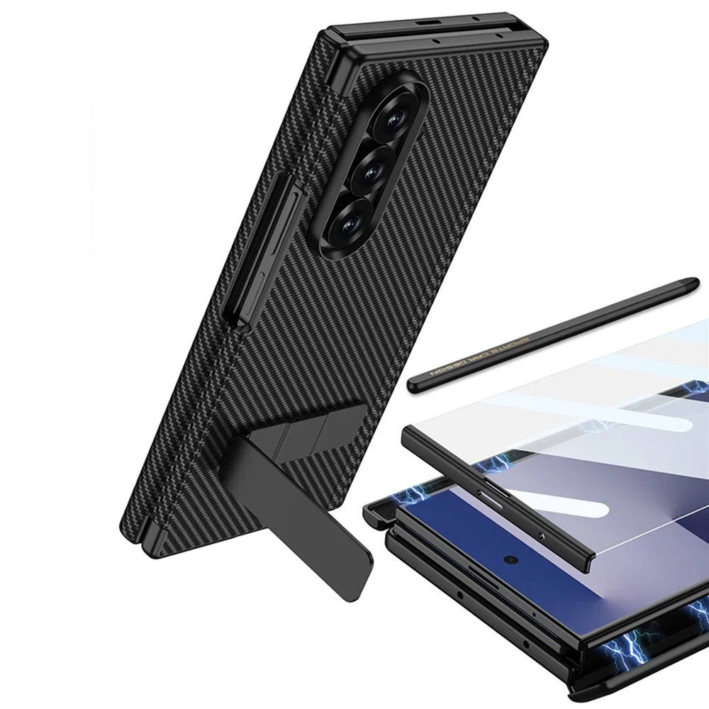 GKK For Samsung Galaxy Z TriFold 5G Case Kickstand Magnetic Hinge Leather + PC Phone Cover with Tempered Glass Film / Stylus - Dark Blue - 3
