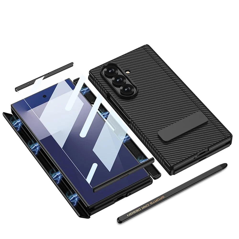 GKK For Samsung Galaxy Z TriFold 5G Case Kickstand Magnetic Hinge Leather + PC Phone Cover with Tempered Glass Film / Stylus - Dark Blue - 5