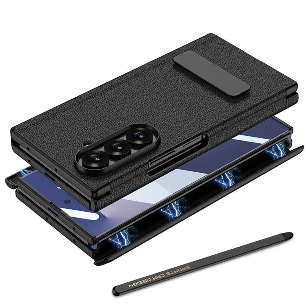 GKK For Samsung Galaxy Z TriFold 5G Case Kickstand Magnetic Hinge Leather + PC Phone Cover with Tempered Glass Film / Stylus - Dark Blue - 6
