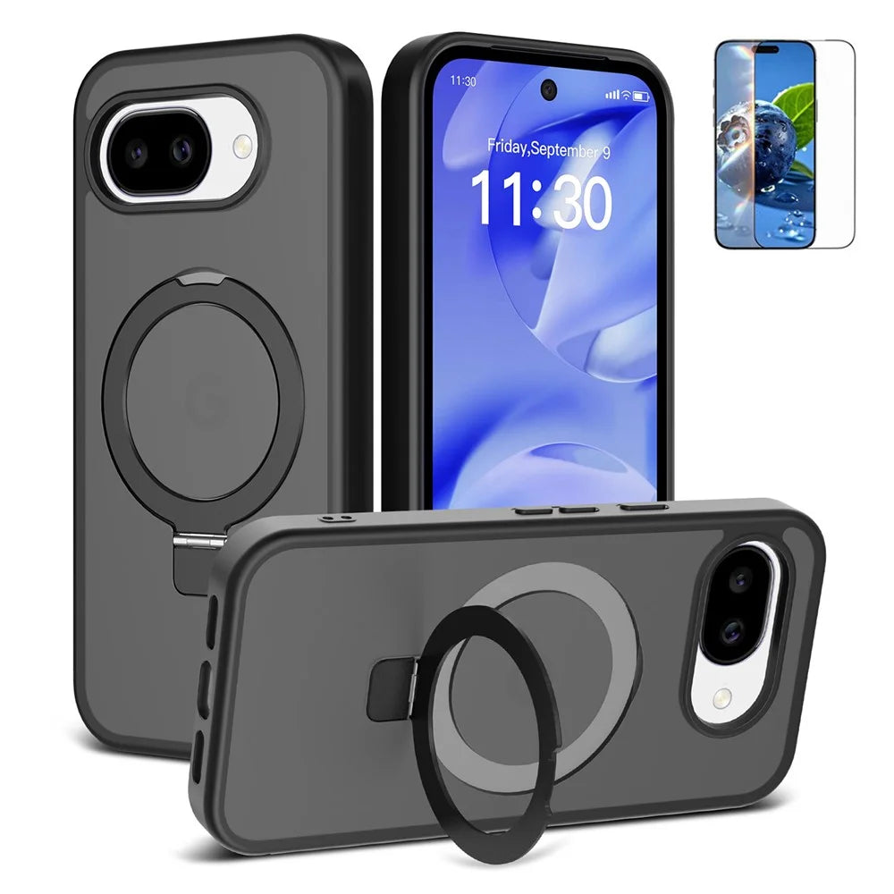 For Google Pixel 10a Magnetic Case Matte Liquid Silicone TPU Shockproof Phone Cover with Kickastand and Tempered Glass - Black - 1