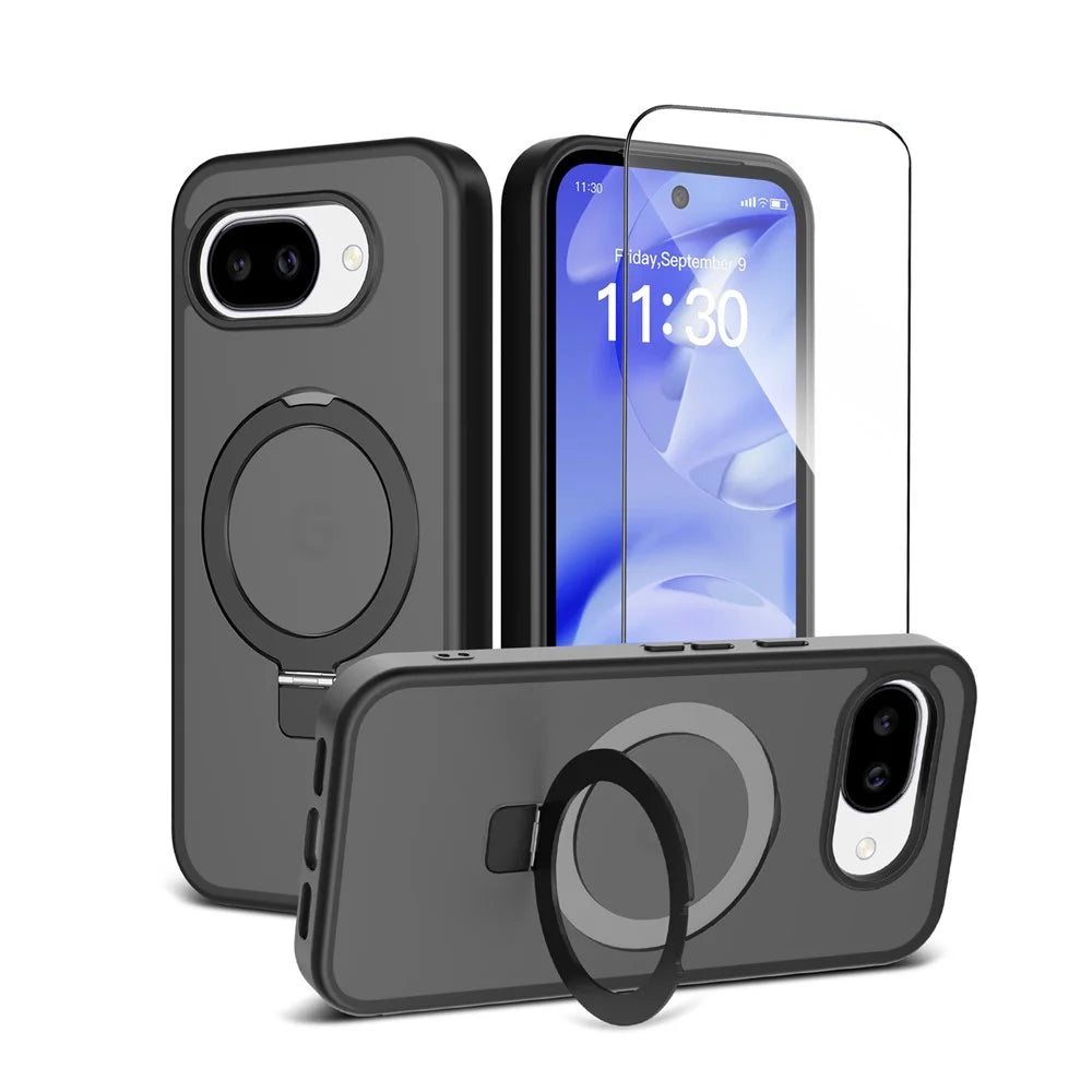 For Google Pixel 10a Magnetic Case Matte Liquid Silicone TPU Shockproof Phone Cover with Kickastand and Tempered Glass - Black - 2