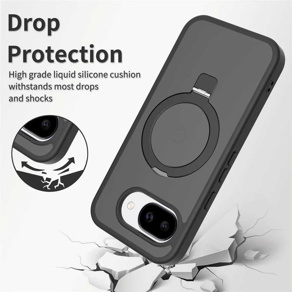 For Google Pixel 10a Magnetic Case Matte Liquid Silicone TPU Shockproof Phone Cover with Kickastand and Tempered Glass - Black - 3