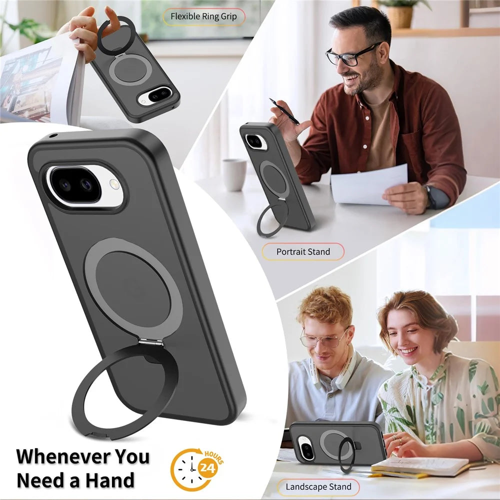For Google Pixel 10a Magnetic Case Matte Liquid Silicone TPU Shockproof Phone Cover with Kickastand and Tempered Glass - Black - 4