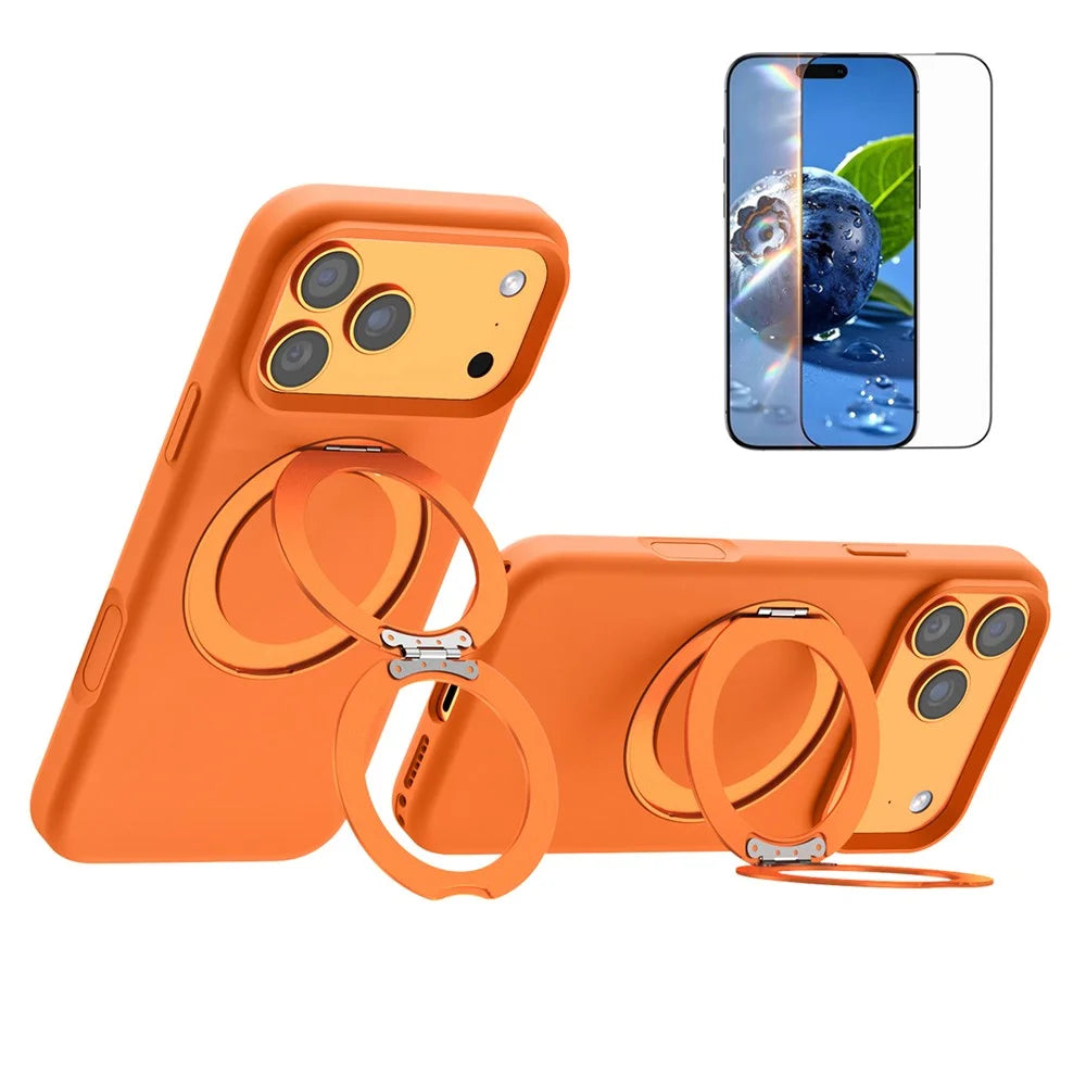 For iPhone 17 Pro Magnetic Case Liquid Silicone TPU Phone Back Cover with Kickastand and Tempered Glass Compatible with MagSafe - Orange - 1
