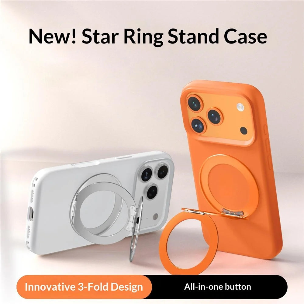 For iPhone 17 Pro Magnetic Case Liquid Silicone TPU Phone Back Cover with Kickastand and Tempered Glass Compatible with MagSafe - Orange - 2