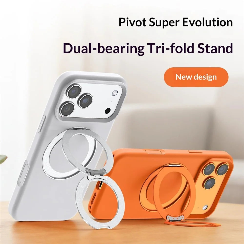 For iPhone 17 Pro Max Magnetic Case Liquid Silicone TPU Phone Back Cover with Kickastand and Tempered Glass Compatible with MagSafe - Orange - 3