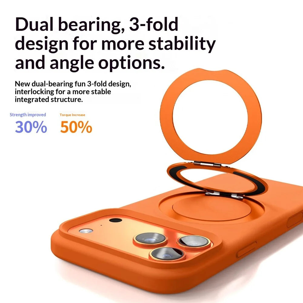 For iPhone 17 Pro Max Magnetic Case Liquid Silicone TPU Phone Back Cover with Kickastand and Tempered Glass Compatible with MagSafe - Orange - 5