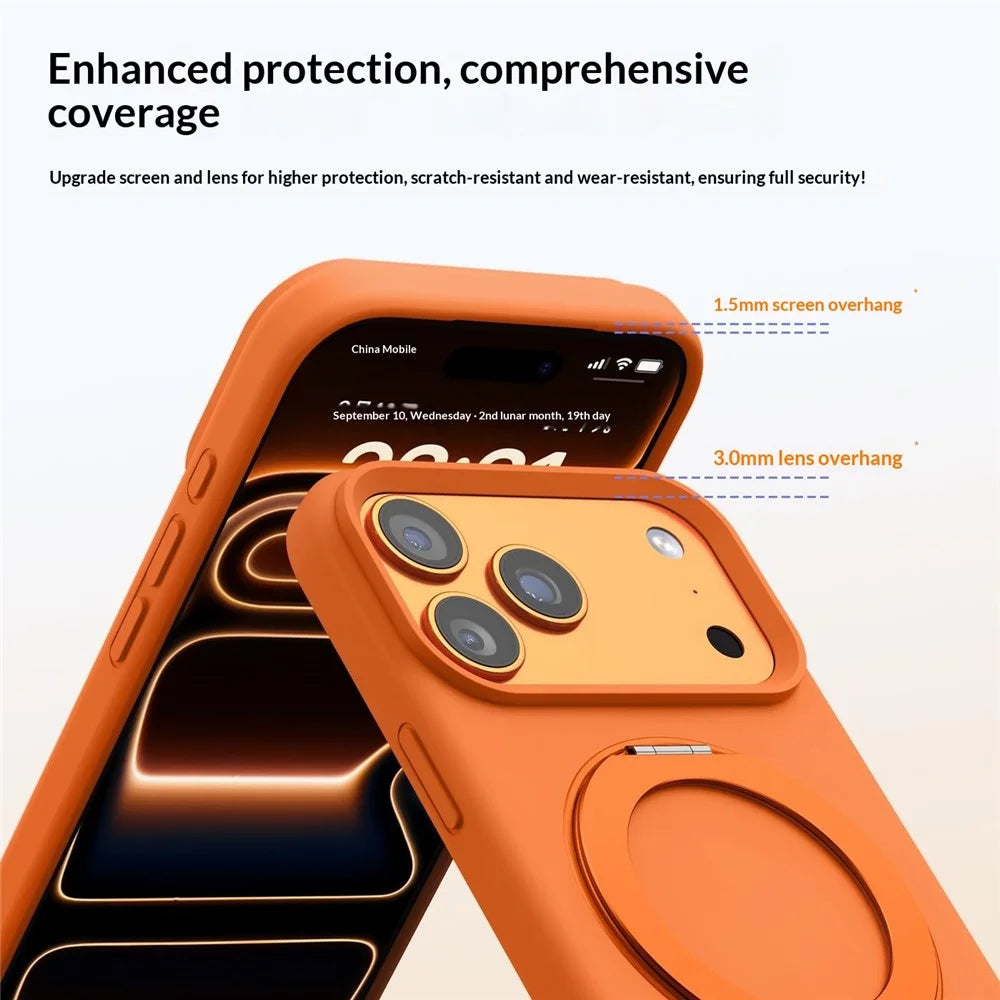For iPhone 17 Pro Max Magnetic Case Liquid Silicone TPU Phone Back Cover with Kickastand and Tempered Glass Compatible with MagSafe - Orange - 6