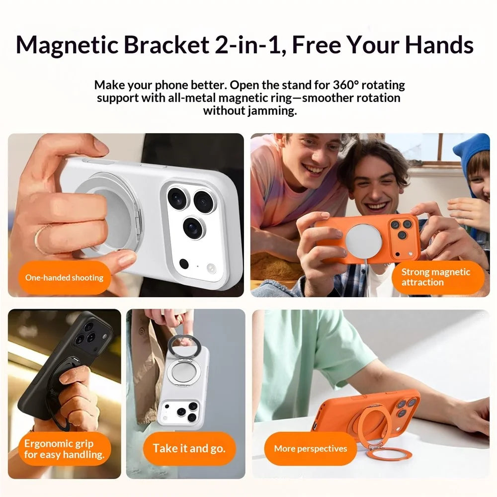 For iPhone 17 Pro Max Magnetic Case Liquid Silicone TPU Phone Back Cover with Kickastand and Tempered Glass Compatible with MagSafe - Orange - 7