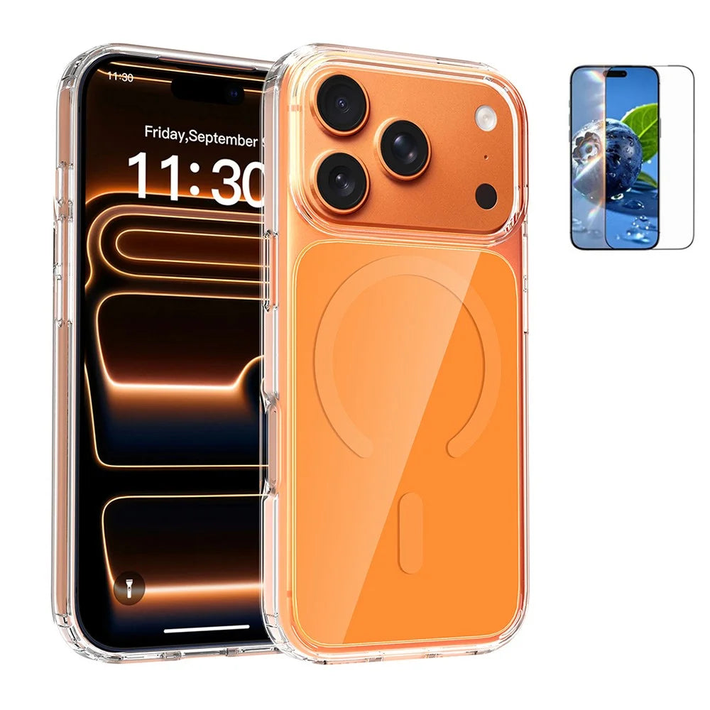 For iPhone 17 Pro Max Magnetic Case TPU PC Clear Phone Cover with Explosion-Proof Tempered Glass Compatible with MagSafe - Orange - 1
