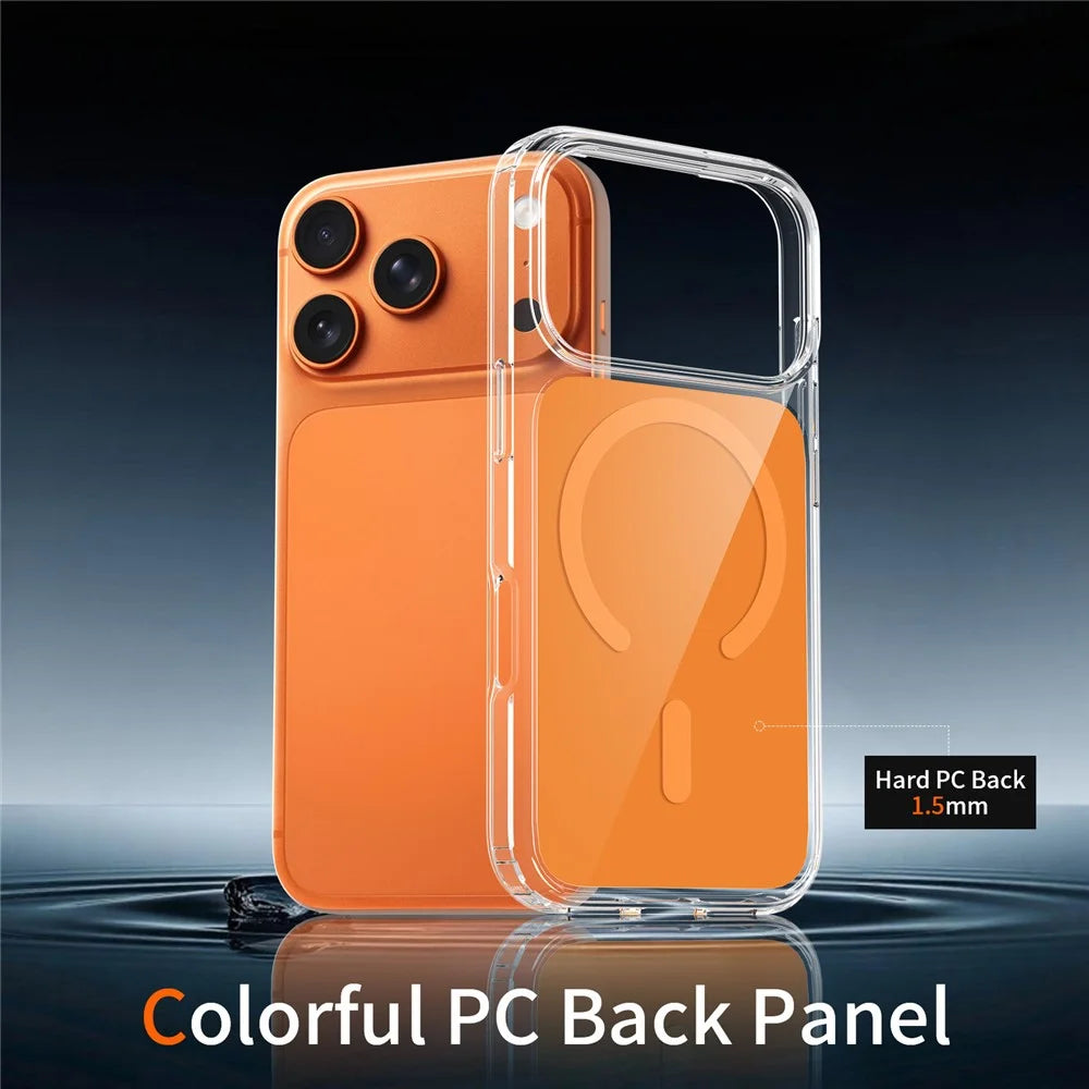For iPhone 17 Pro Max Magnetic Case TPU PC Clear Phone Cover with Explosion-Proof Tempered Glass Compatible with MagSafe - Orange - 4