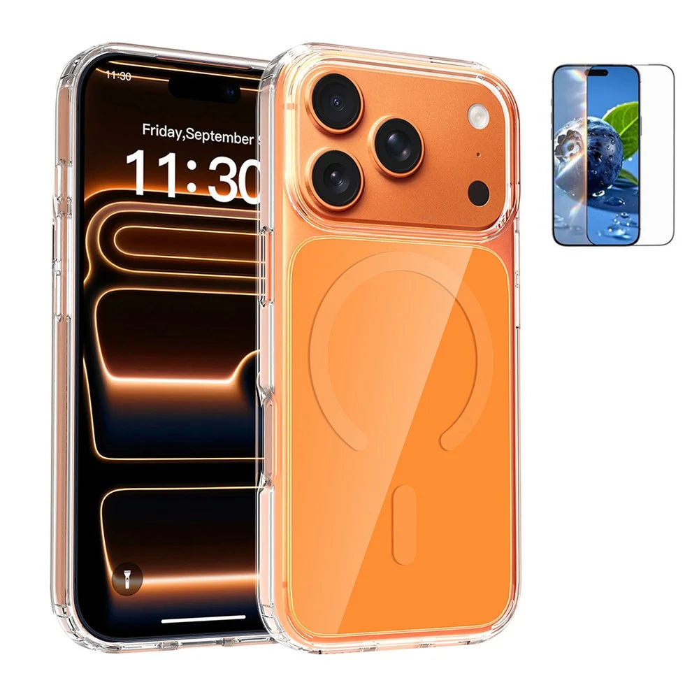 For iPhone 17 Pro Magnetic Case TPU PC Clear Phone Cover with Explosion-Proof Tempered Glass Compatible with MagSafe - Orange - 1