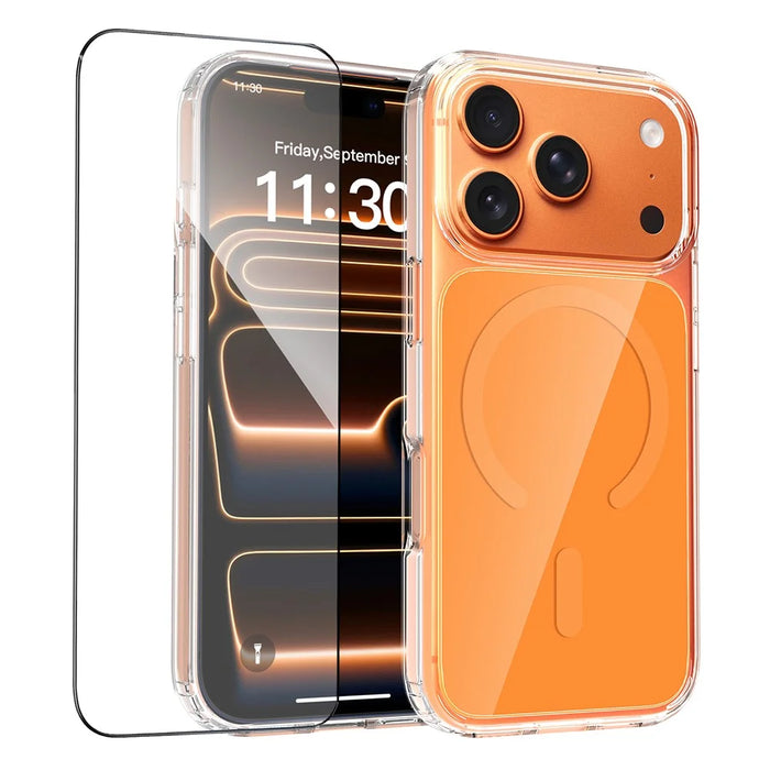 For iPhone 17 Pro Magnetic Case TPU PC Clear Phone Cover with Explosion-Proof Tempered Glass Compatible with MagSafe - Orange - 2