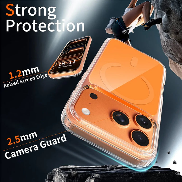 For iPhone 17 Pro Magnetic Case TPU PC Clear Phone Cover with Explosion-Proof Tempered Glass Compatible with MagSafe - Orange - 3