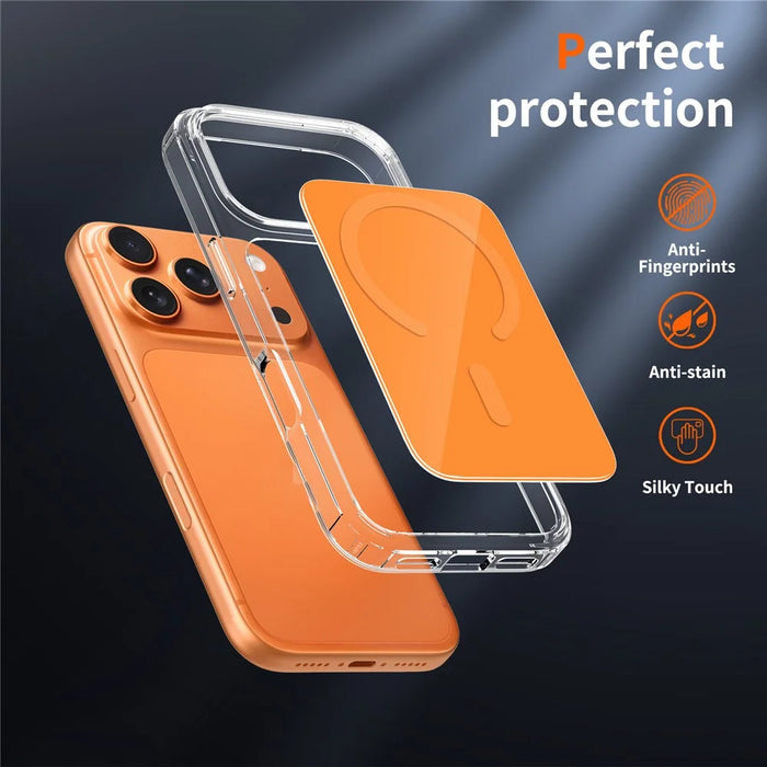 For iPhone 17 Pro Magnetic Case TPU PC Clear Phone Cover with Explosion-Proof Tempered Glass Compatible with MagSafe - Orange - 5