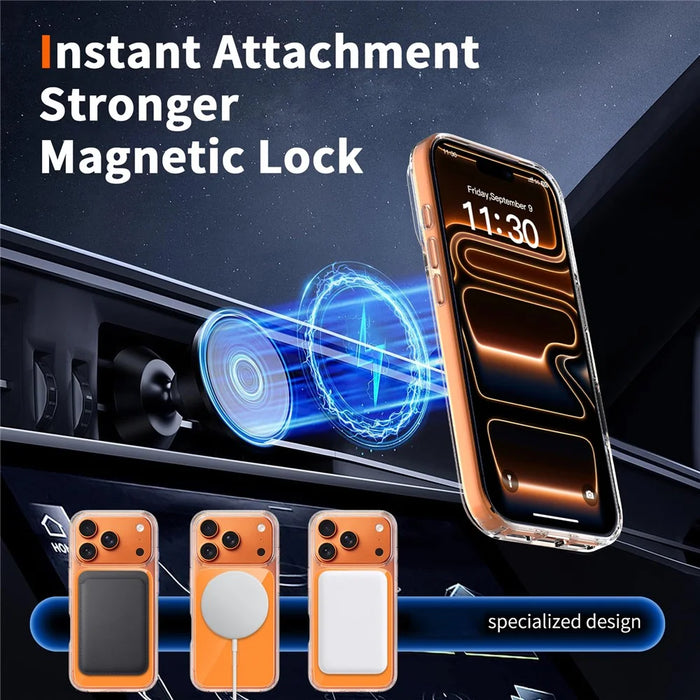 For iPhone 17 Pro Magnetic Case TPU PC Clear Phone Cover with Explosion-Proof Tempered Glass Compatible with MagSafe - Orange - 7