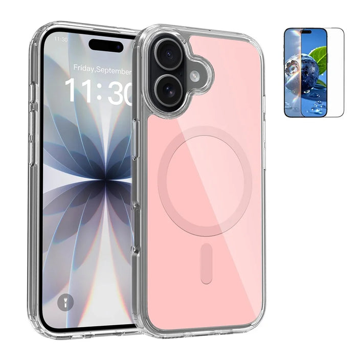 For iPhone 17 Magnetic Case TPU PC Clear Phone Cover with Explosion-Proof Tempered Glass Compatible with MagSafe - Pink - 1