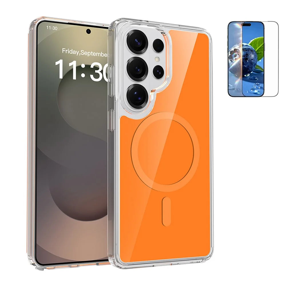 For Samsung Galaxy S26 Ultra Magnetic Case TPU PC Clear Phone Cover with Explosion-Proof Tempered Glass - Orange - 1