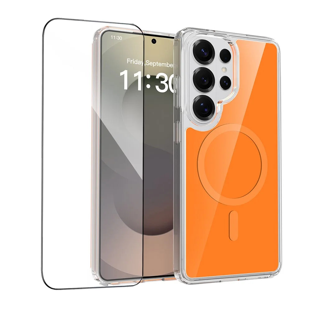 For Samsung Galaxy S26 Ultra Magnetic Case TPU PC Clear Phone Cover with Explosion-Proof Tempered Glass - Orange - 2