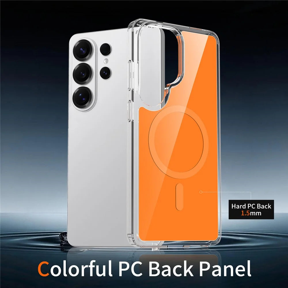 For Samsung Galaxy S26 Ultra Magnetic Case TPU PC Clear Phone Cover with Explosion-Proof Tempered Glass - Orange - 4