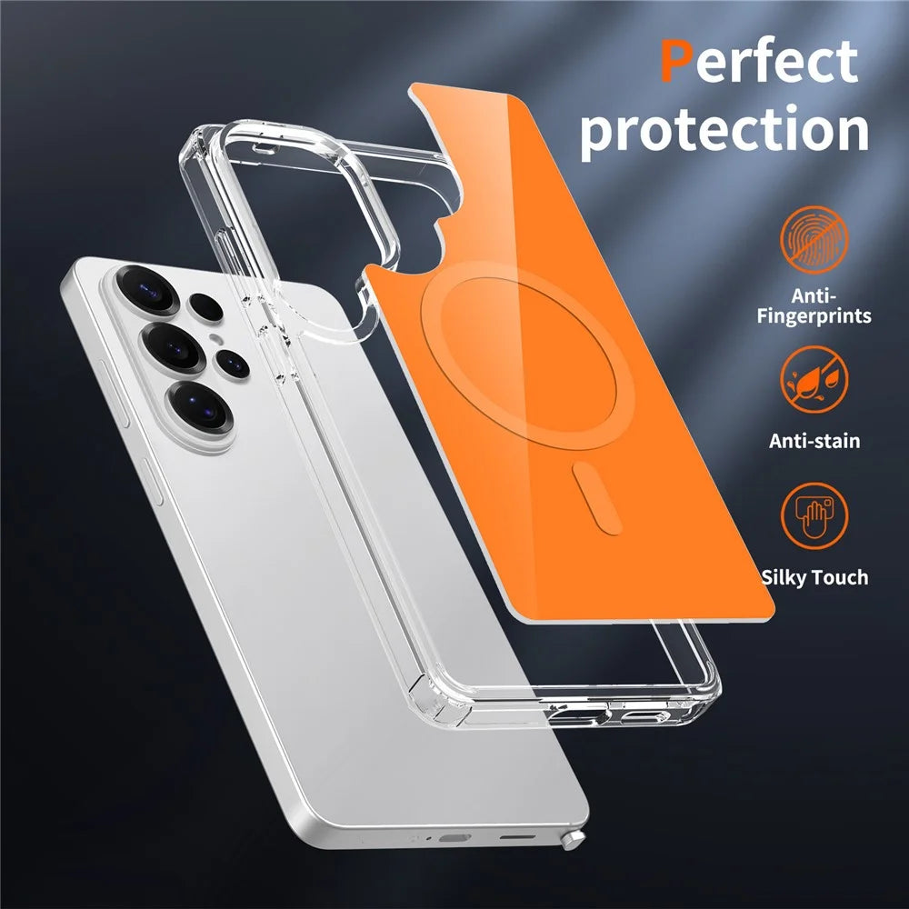 For Samsung Galaxy S26 Ultra Magnetic Case TPU PC Clear Phone Cover with Explosion-Proof Tempered Glass - Orange - 5