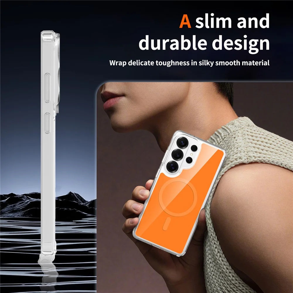 For Samsung Galaxy S26 Ultra Magnetic Case TPU PC Clear Phone Cover with Explosion-Proof Tempered Glass - Orange - 6