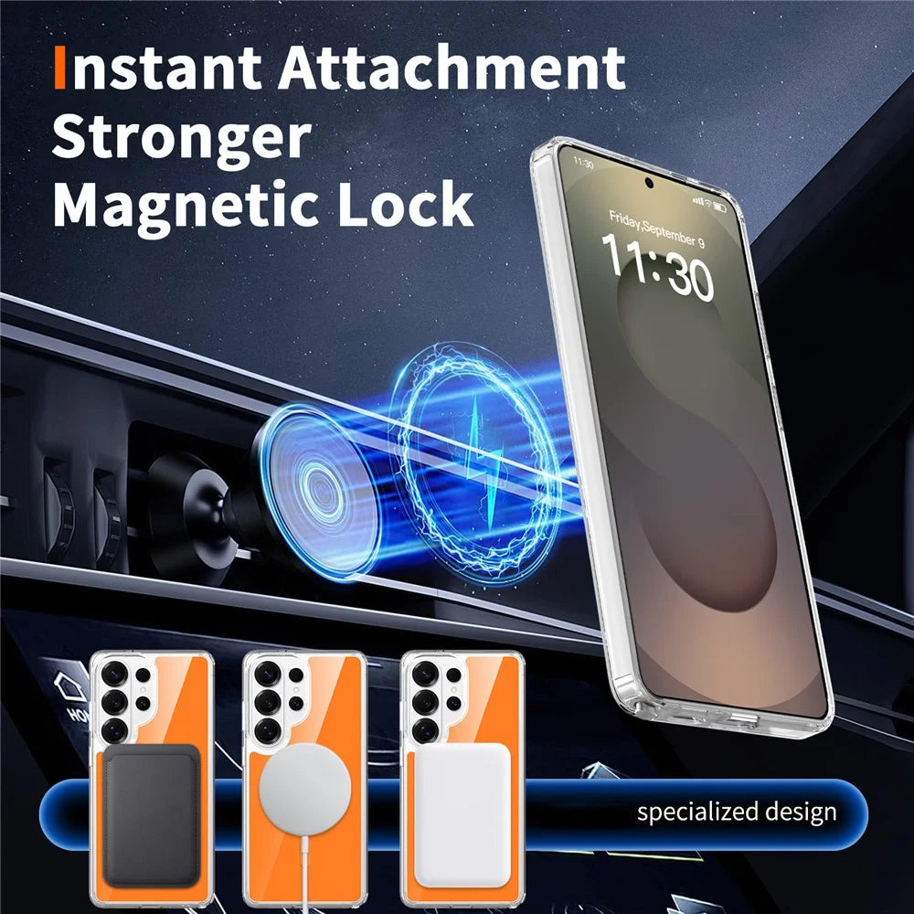 For Samsung Galaxy S26 Ultra Magnetic Case TPU PC Clear Phone Cover with Explosion-Proof Tempered Glass - Orange - 7