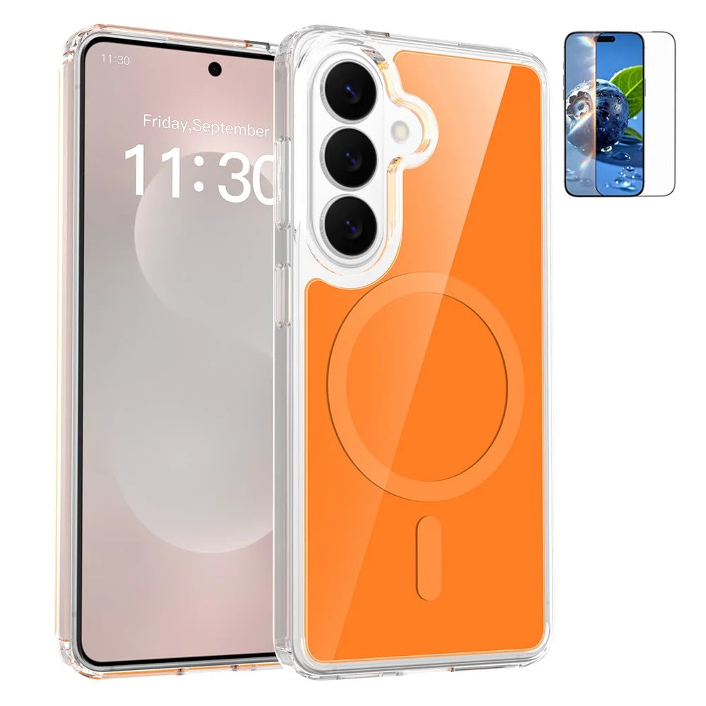 For Samsung Galaxy S26 Magnetic Case TPU PC Clear Phone Cover with Explosion-Proof Tempered Glass - Orange - 1