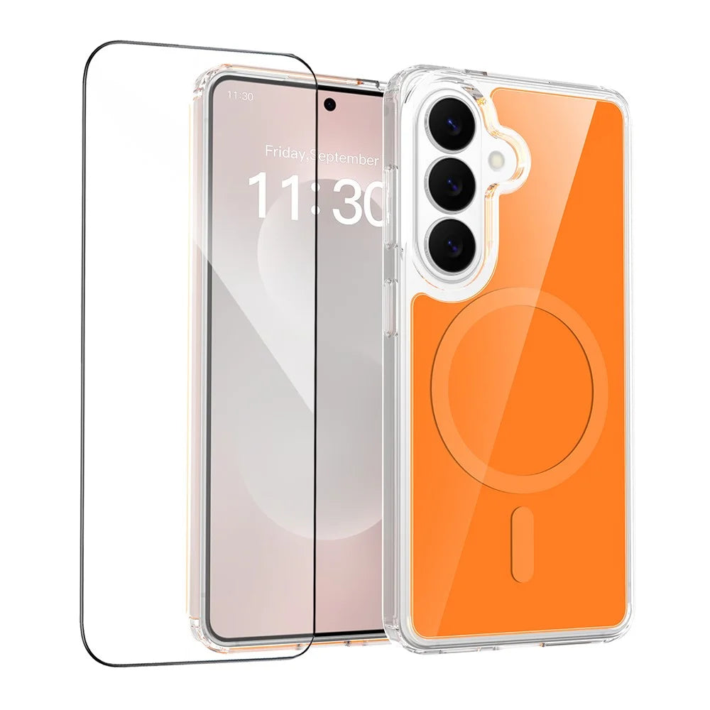 For Samsung Galaxy S26 Magnetic Case TPU PC Clear Phone Cover with Explosion-Proof Tempered Glass - Orange - 2