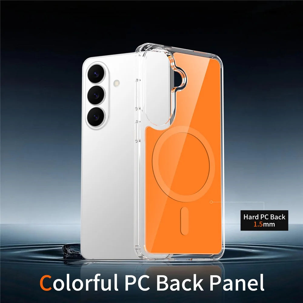 For Samsung Galaxy S26 Magnetic Case TPU PC Clear Phone Cover with Explosion-Proof Tempered Glass - Orange - 4