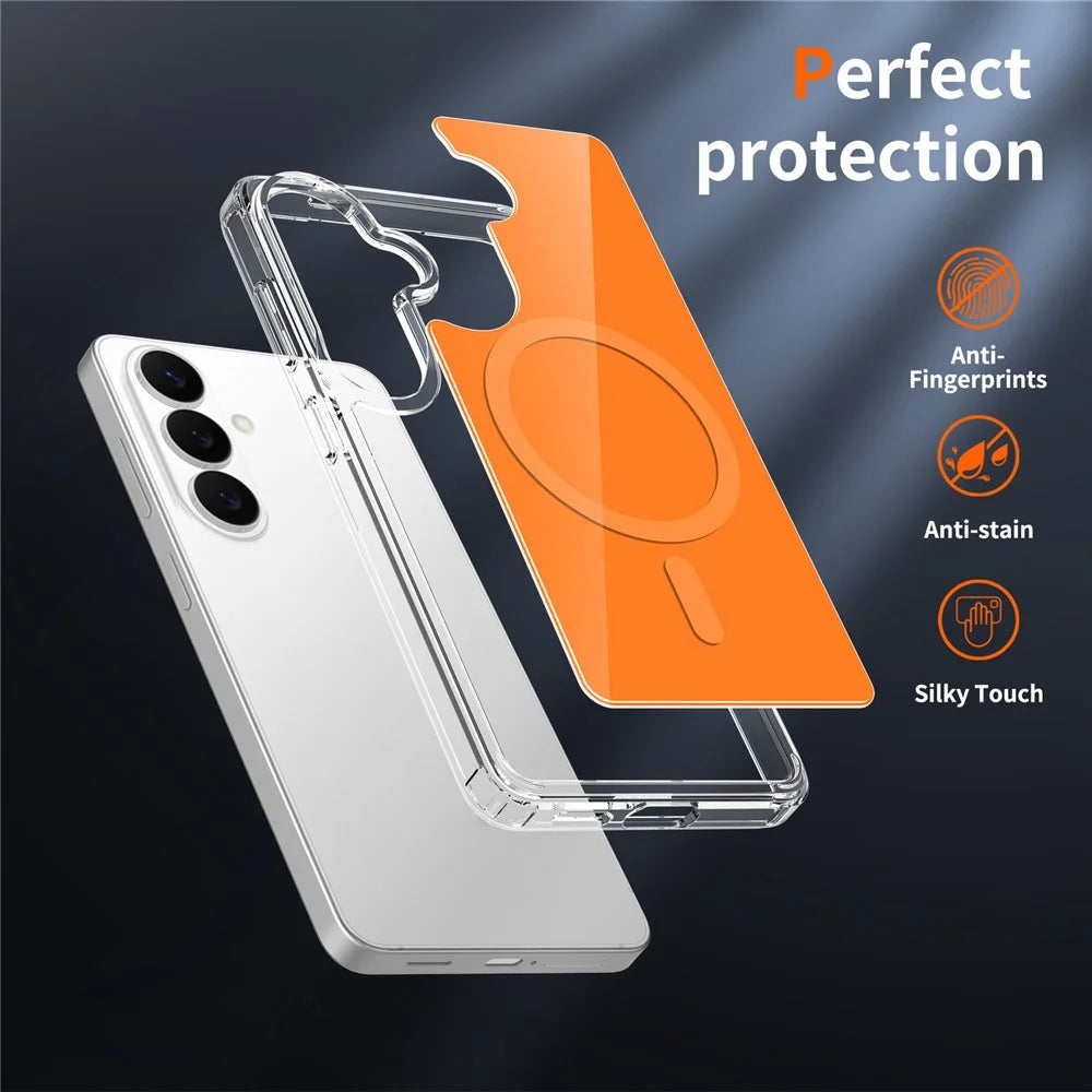 For Samsung Galaxy S26 Magnetic Case TPU PC Clear Phone Cover with Explosion-Proof Tempered Glass - Orange - 5
