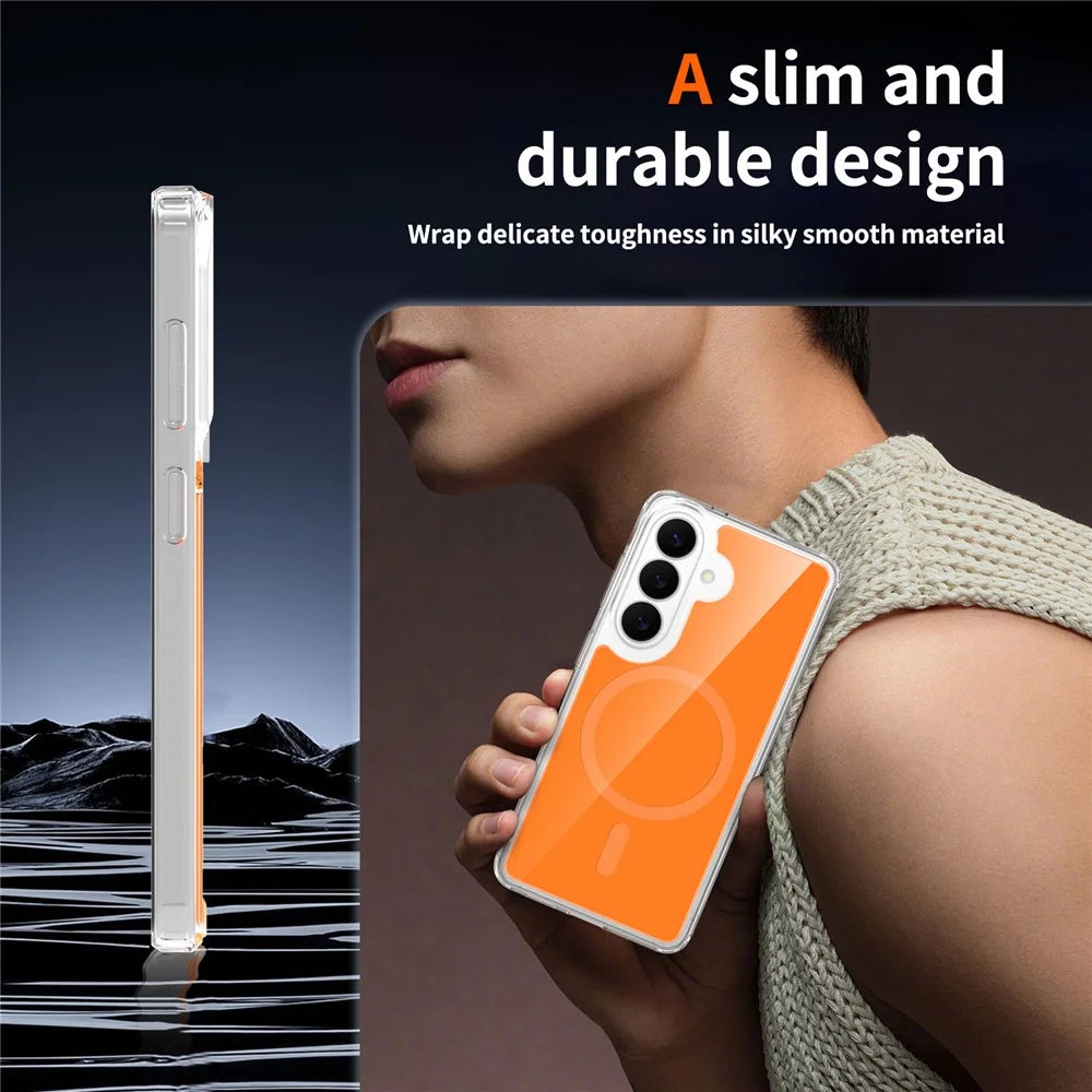 For Samsung Galaxy S26 Magnetic Case TPU PC Clear Phone Cover with Explosion-Proof Tempered Glass - Orange - 6