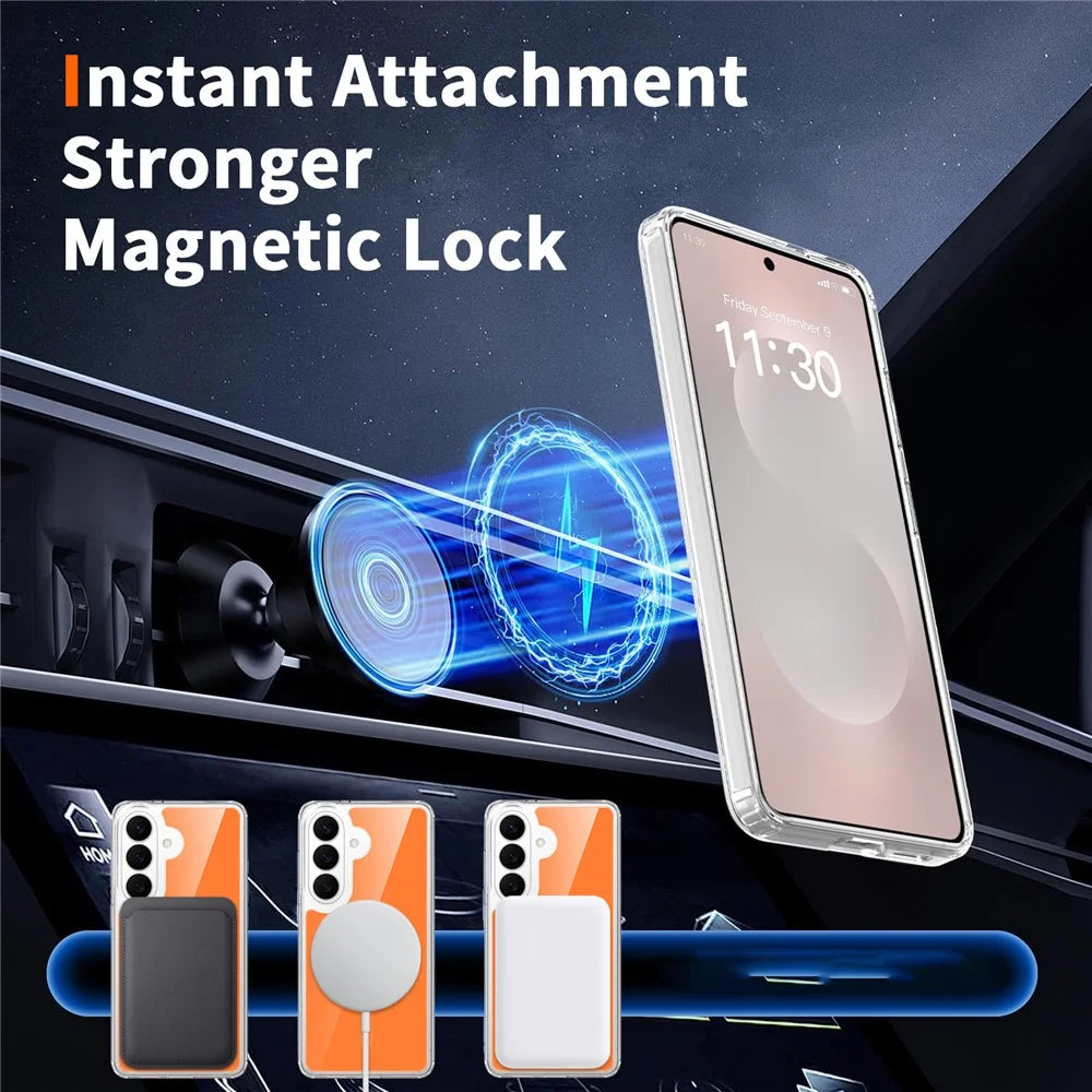 For Samsung Galaxy S26 Magnetic Case TPU PC Clear Phone Cover with Explosion-Proof Tempered Glass - Orange - 7