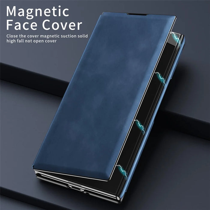 For Samsung Galaxy Z TriFold 5G Case Kickstand Nappa Texture Leather + PC Phone Cover - Sapphire - 6
