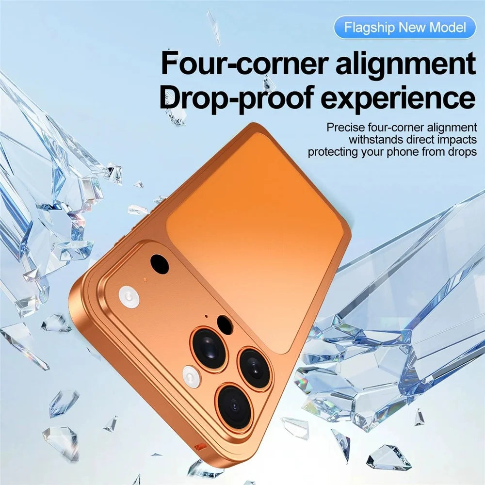 For iPhone 16 Pro Case Transform to 17 Pro Locking Buckle Metal Frame Alloy Back Phone Cover - Orange - 5