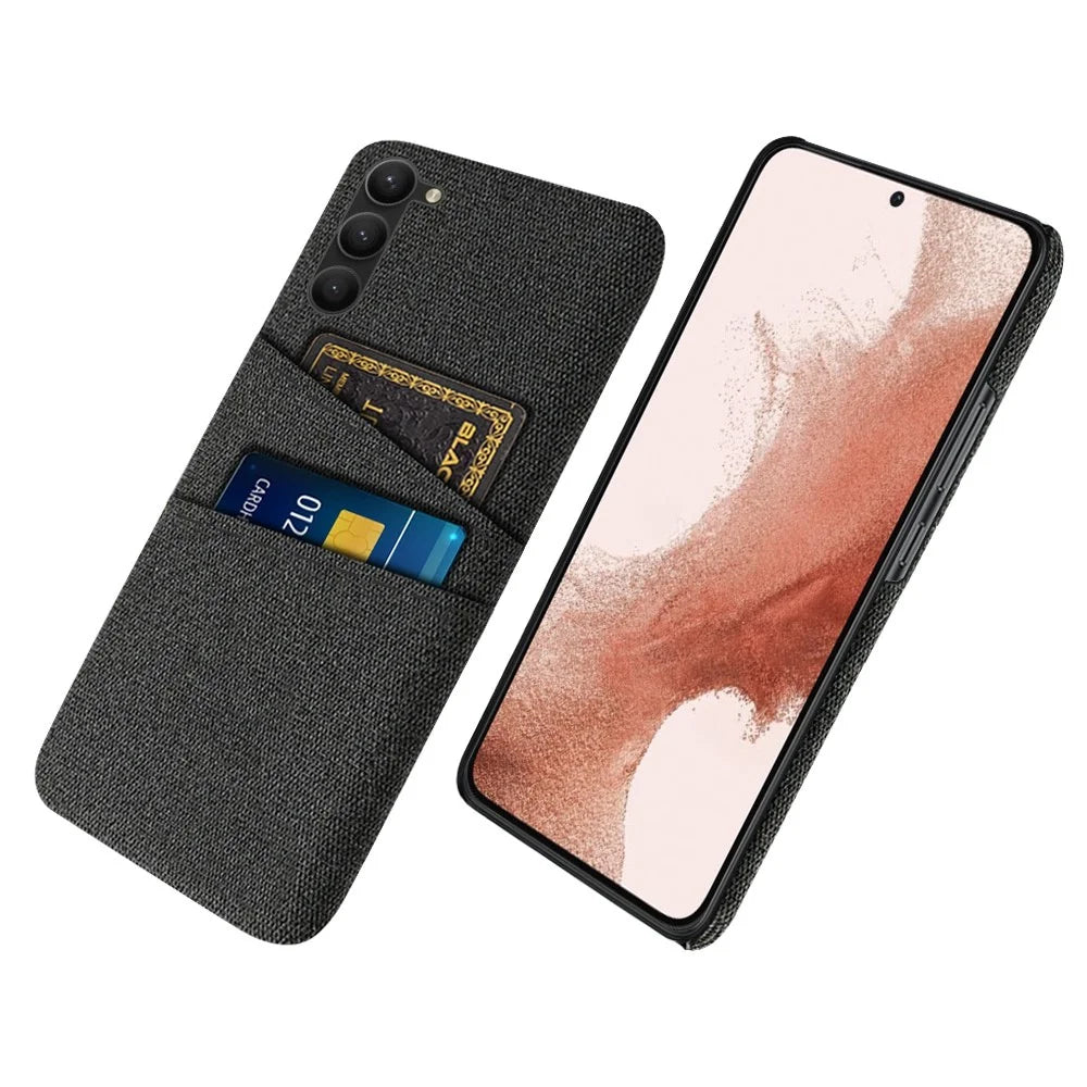 For Samsung Galaxy S23+ Cloth Texture Phone Case Dual Card Slots Hard PC Phone Back Cover - Black - 1