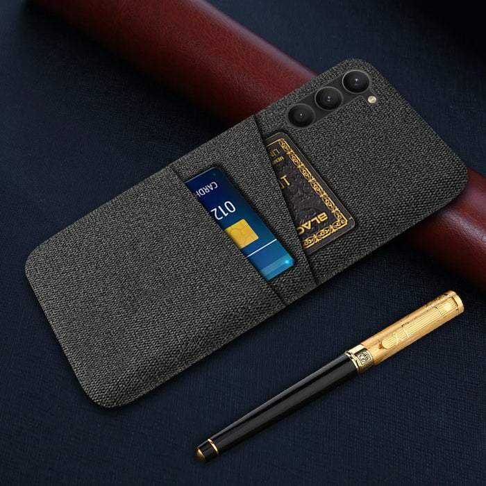 For Samsung Galaxy S23+ Cloth Texture Phone Case Dual Card Slots Hard PC Phone Back Cover - Black - 5