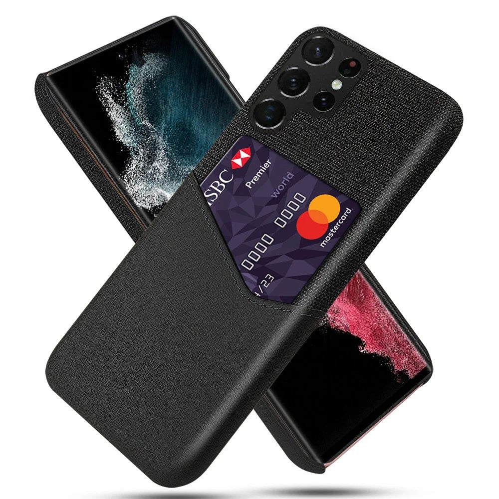 For Samsung Galaxy S23 Ultra Cloth Texture PU Leather Coated Hard PC Phone Case Anti-drop Card Holder Protective Cover - Black - 1
