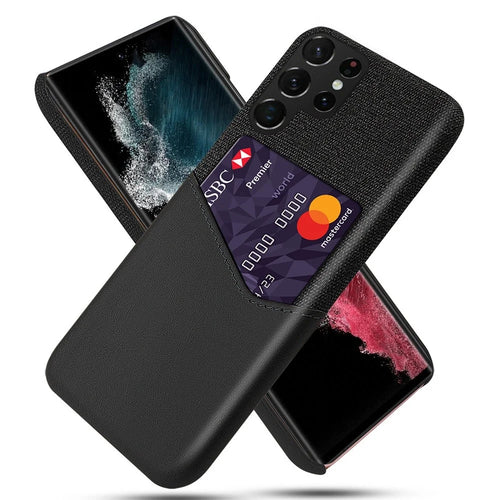 For Samsung Galaxy S23 Ultra Cloth Texture PU Leather Coated Hard PC Phone Case Anti-drop Card Holder Protective Cover - Black - 1